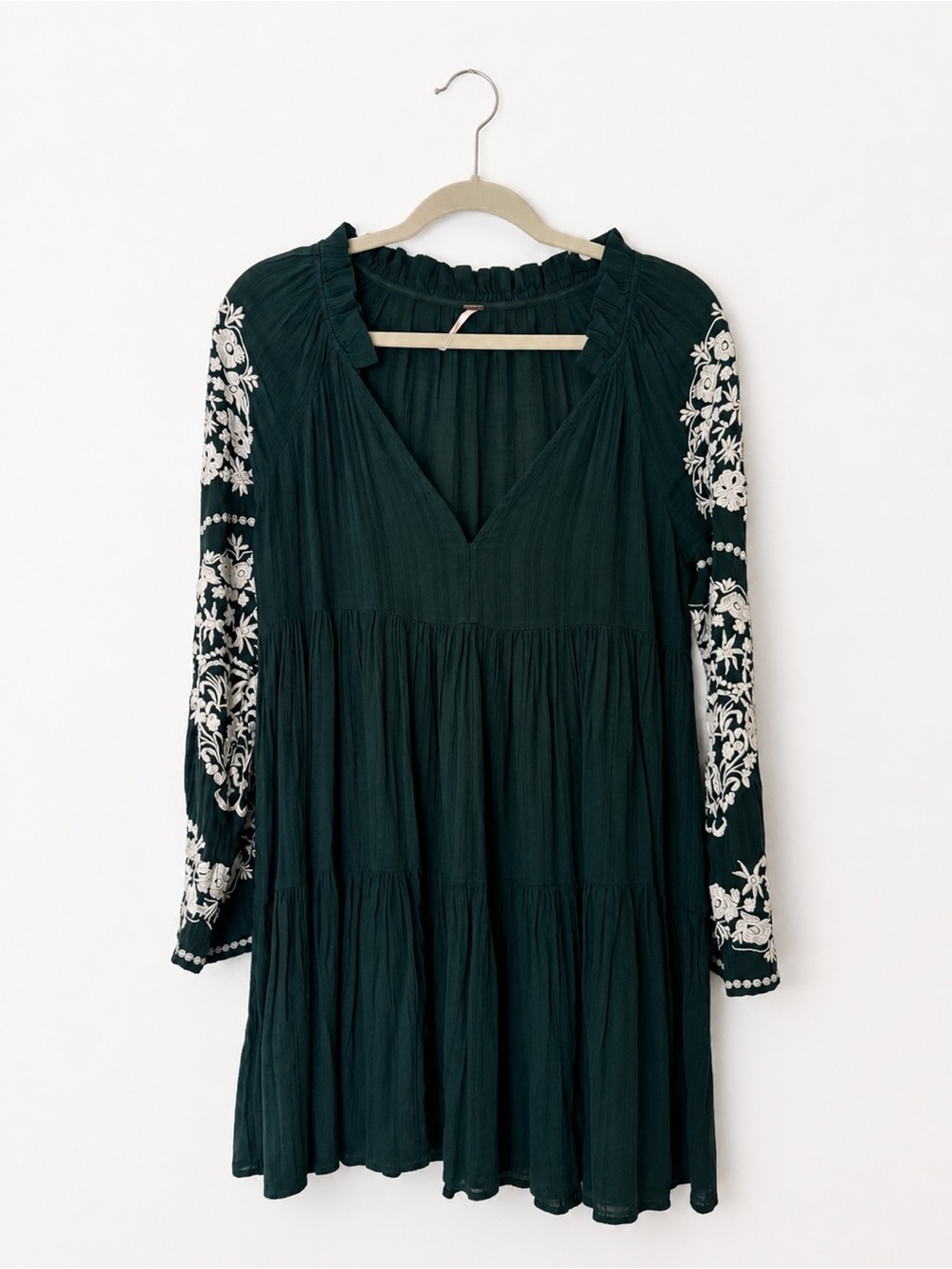 Free People Dark Green Embroidered Long-Sleeve Tiered Dress
